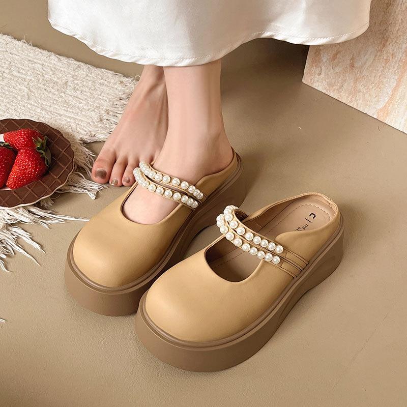Mary Jane bag head half slippers women's wear 2025 new summer platform pearl half tray French with skirt sandals