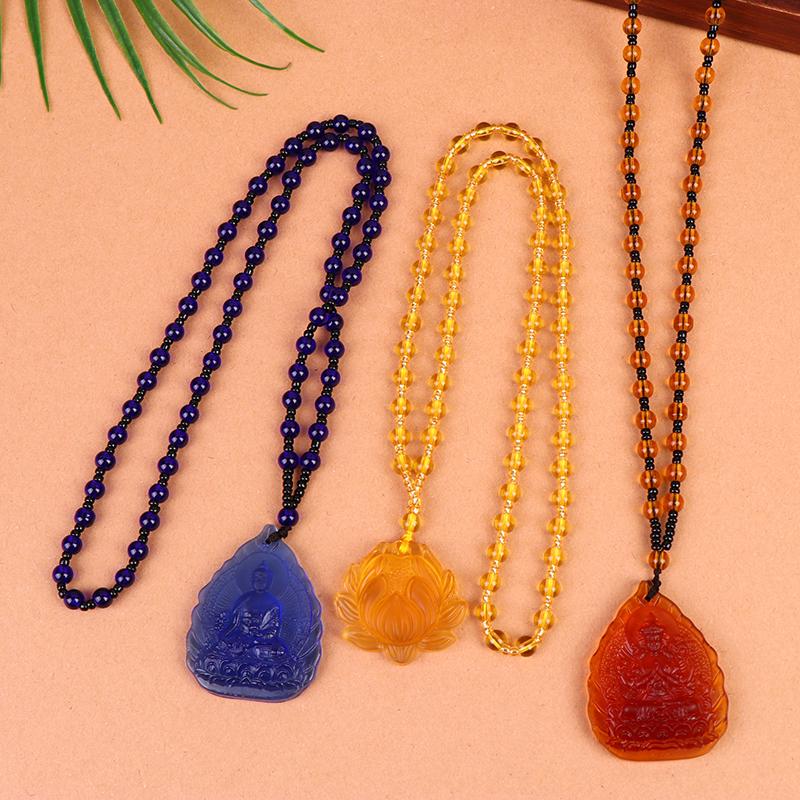Blue White Gold And Yellow Crystal Carved Buddha Bodhisattva Pendant Necklace Jewelry Charm Aura Amulet Gift For Men Women