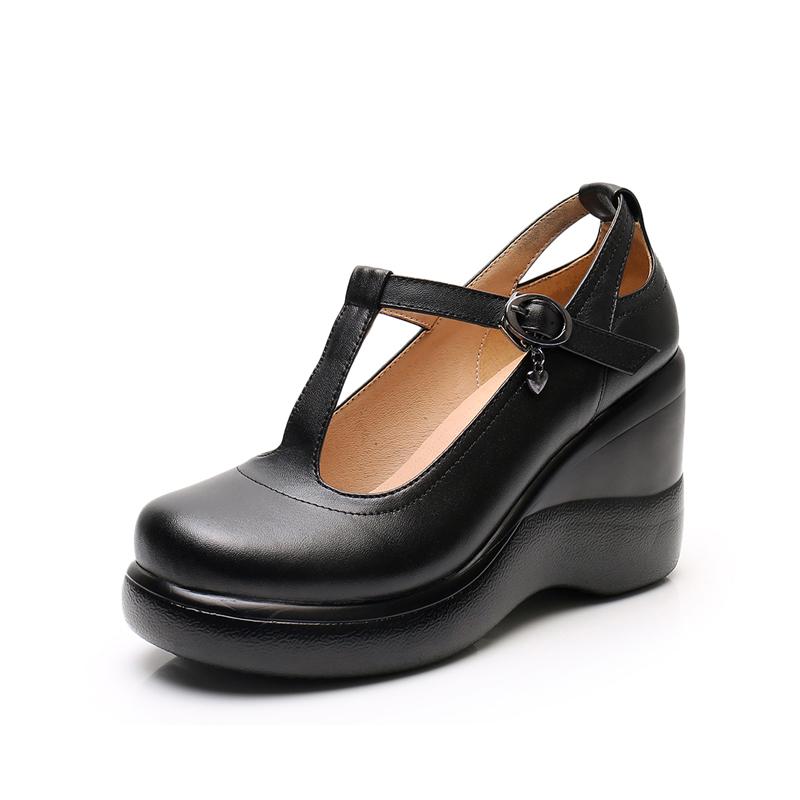 Fashion GKTINOO T-Strap Genuine Leather Wedges Shoes for Women 2025 High Heels Shoes Office Ladies Platform Shoes Mother Plus Size 34-43