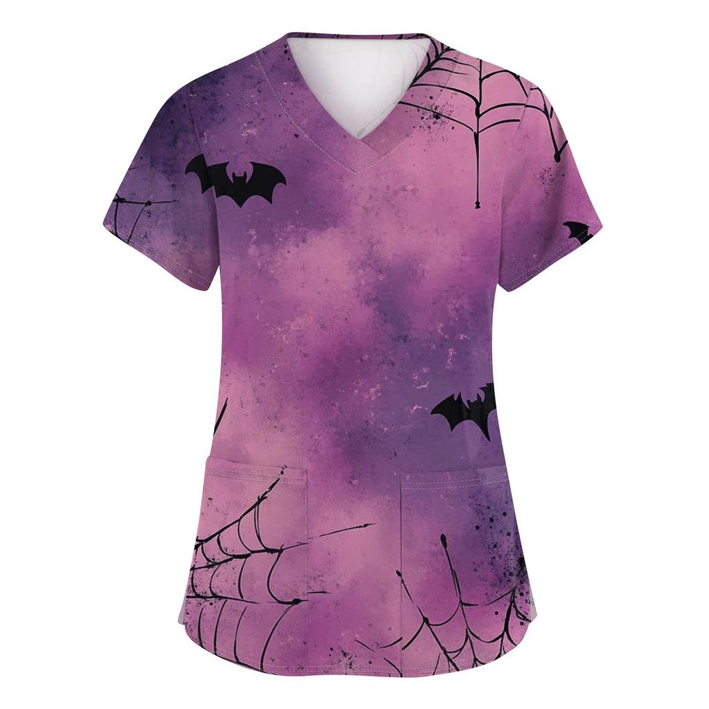 Women's Fashion V-neck Short-sleeved Work Uniform With Pockets, Halloween Print Top