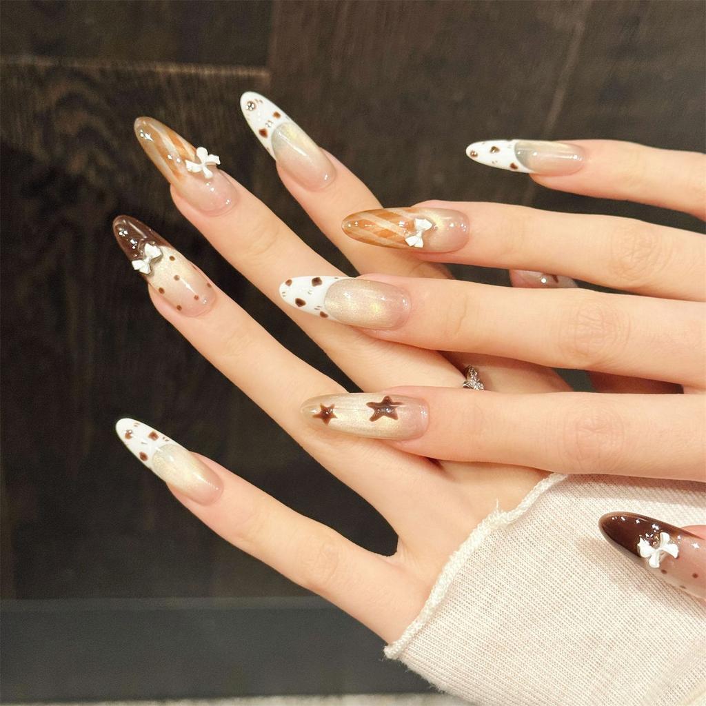 10Pcs Fake Nails Long Oval French Press On Nails Coffee Brown Leopard Print Resin Artificial Wearable False Nails for Women