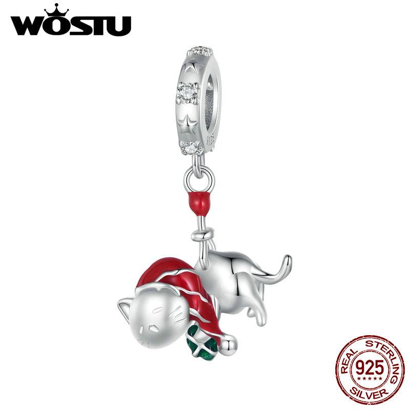 WOSTU 925 Silver Christmas Tree Car Beads Elk Snowflake Charm Snowman Puppy Cat Pendant Fit DIY Bracelet Necklace Cute Xmas Gift