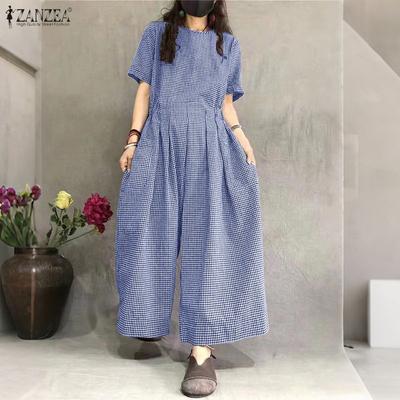 Women Grid Printed Summer Casual Short Sleeve Dungaree Wide Leg Jumpsuits