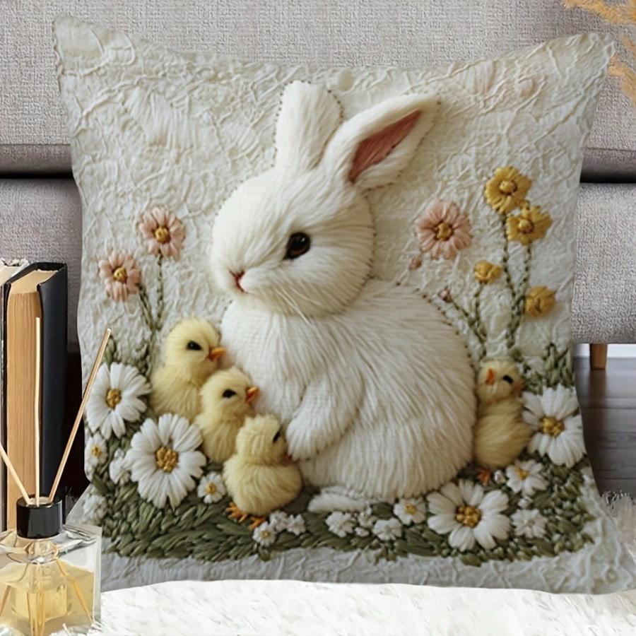 1Pc Easter Bunny Chick Floral Pillow Cover Polyester 2D Double-Sided Print Home Decor Gift For Sofa Bedroom Living Room