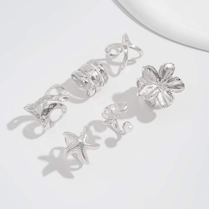 6Pcs/set Punk Starfish Flower Knuckle Rings Set for Women Men Vintage Metal Multilayer Pearl Luxury Rings Jewelry Gifts Trendy