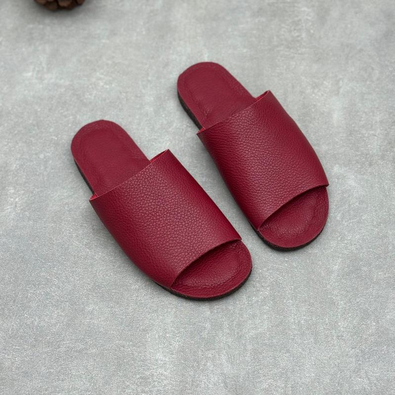 Johnature Retro Genuine Leather Flat Slippers Leisure Versatile Peep Toe Soft Sole Women's Outdoor Slides