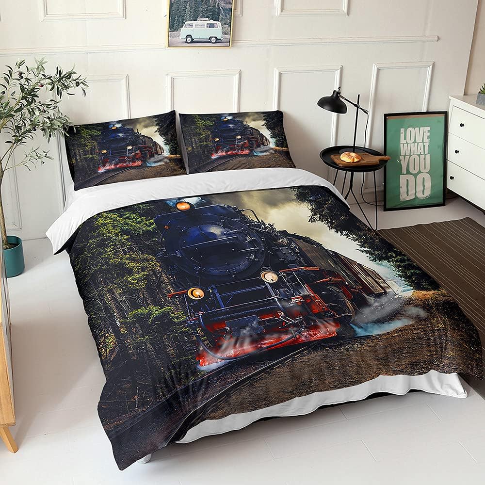 3D Train Digital Printing Duvet Cover Black Gray Retro Steam Train Theme Bedding Set Microfiber Duvet Set Train Track Pillowcase