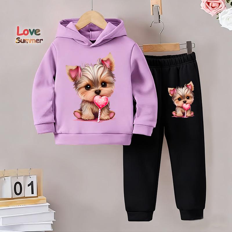 Girls Autumn And Winter Hoodies hoodie pant 2pcs cute Dog Prints Lined With Warm Fleece Paired With Sports Pants Tracksuit