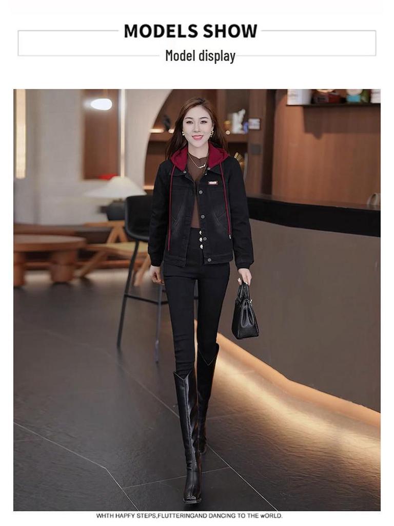 Women's Thick Velvet Hooded Denim Jacket - Autumn/Winter 2025 Chic Casual Top