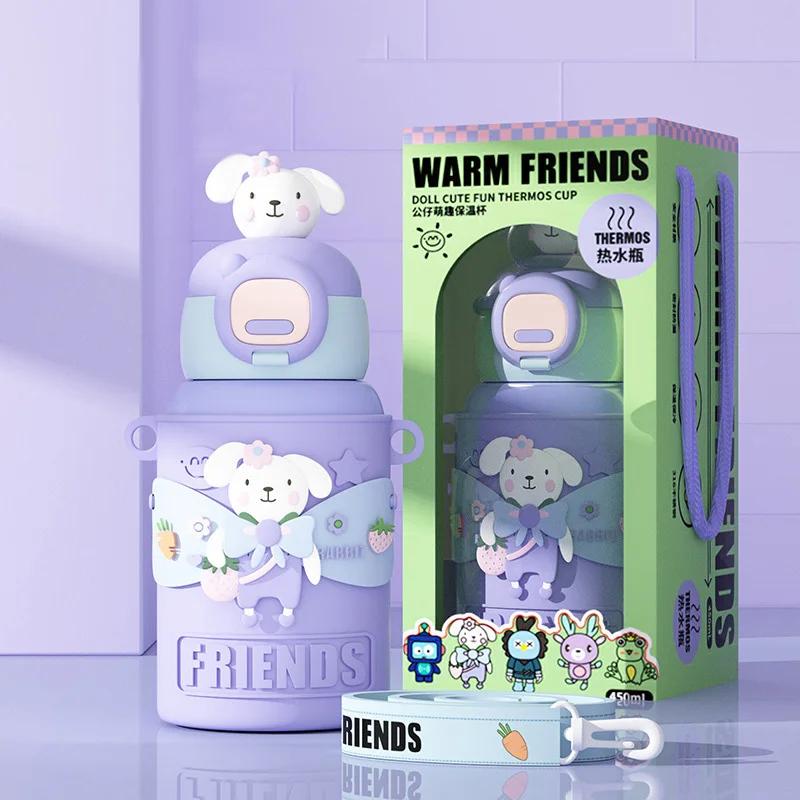 450ml Nerezová Izolovaná Láhev Kreslená Vakuová Termoska Hrnek pro Studenta Silikonový Obal Termoska Hrnek Láhev na Vodu Dětský dárek