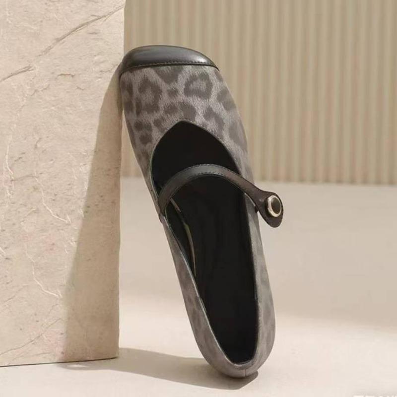 Autumn New Women's Shoes Leopard Print Soft Leather Mary Jane Shoes Square Head Flat Shoes Retro Evening Shallow Mouth Single Shoes Women