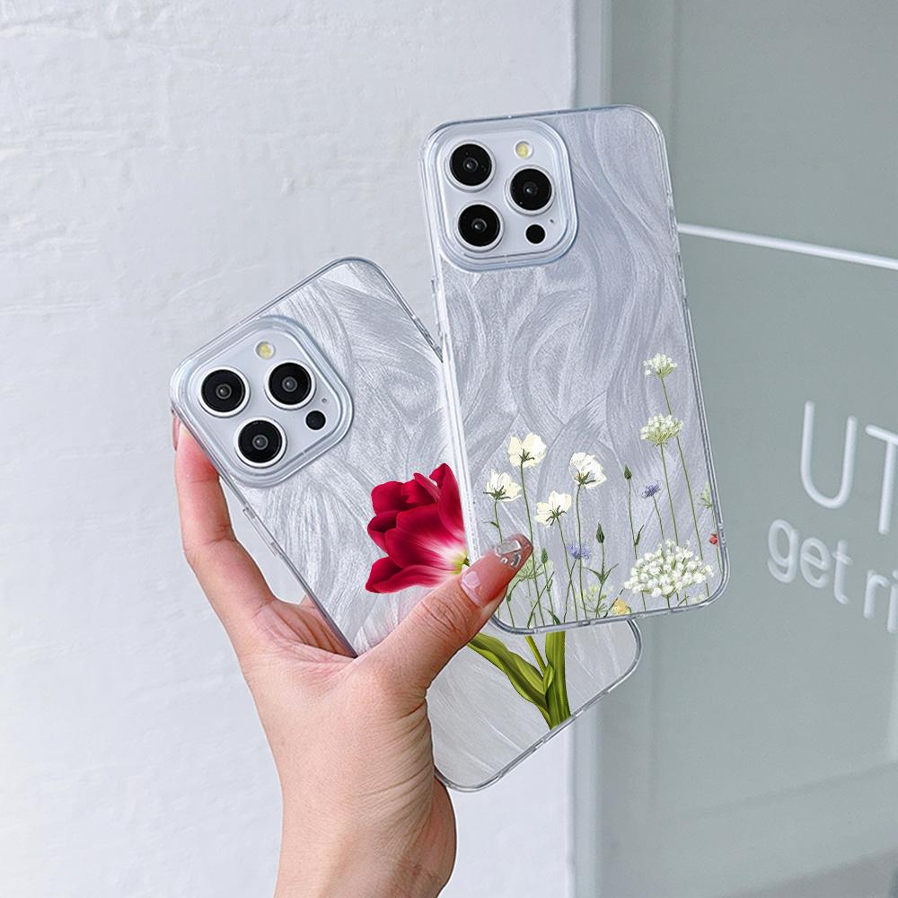 N93 Peony Clear Frame Case for Samsung S25 Ultra A55 A05s A52 iPhone 16 15 Pro Max XR Xiaomi Redmi Note 13 Feather Chiffon Texture Silver Plated Cover