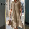 Lady Loose Dress Summer Spring Women Lapel Long Sleeve Ruffle Patchwork Pleated A-line Big Casual Hem Half Single-breasted Ankle Length Thin