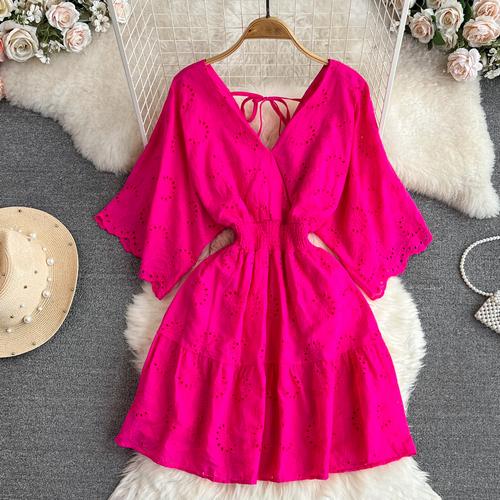 Vestido Vintage con bordado calado de cintura alta, vestido de hada acampanado de manga corta, Vestidos elegantes de playa para verano, vestido veraniego para vacaciones para mujer