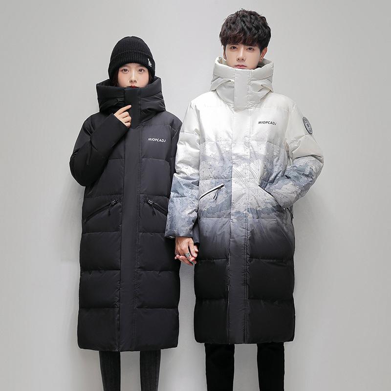 Unisex Gradient Long Puffer Jacket Hooded Casual Winter Coat