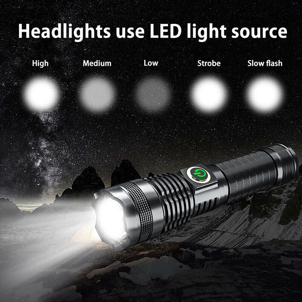 USB Rechargeable Ultra Bright XHP70 8000 Lumens LED Torch 5 Modes for Outdoor Emergencies Flashlight, Flashlight, Light, Zoomable, Waterproof, Hiking,