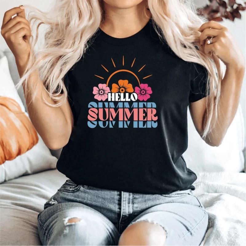 Hello Summer Floral T-Shirt Retro Floral Hello Summer Tee Sunny Beach Gift M