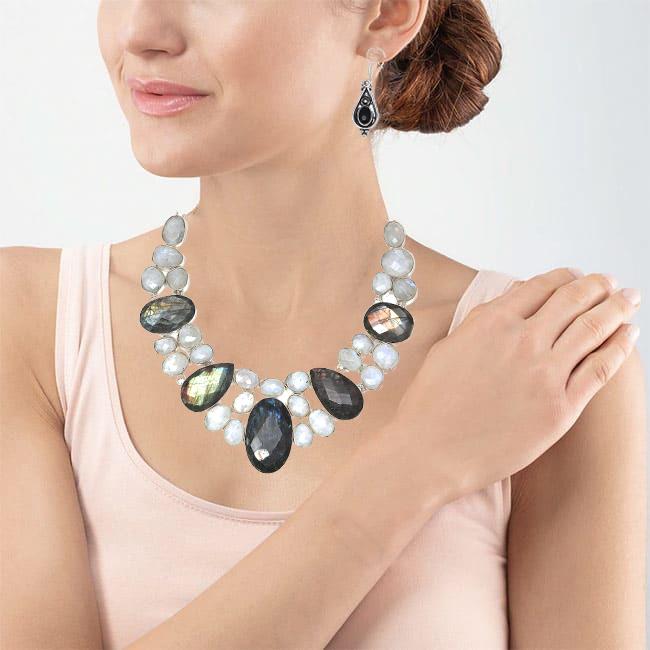 Moonstone Facited  LabradoriteGemstone Jewelry Necklace &Earrings 18-20''