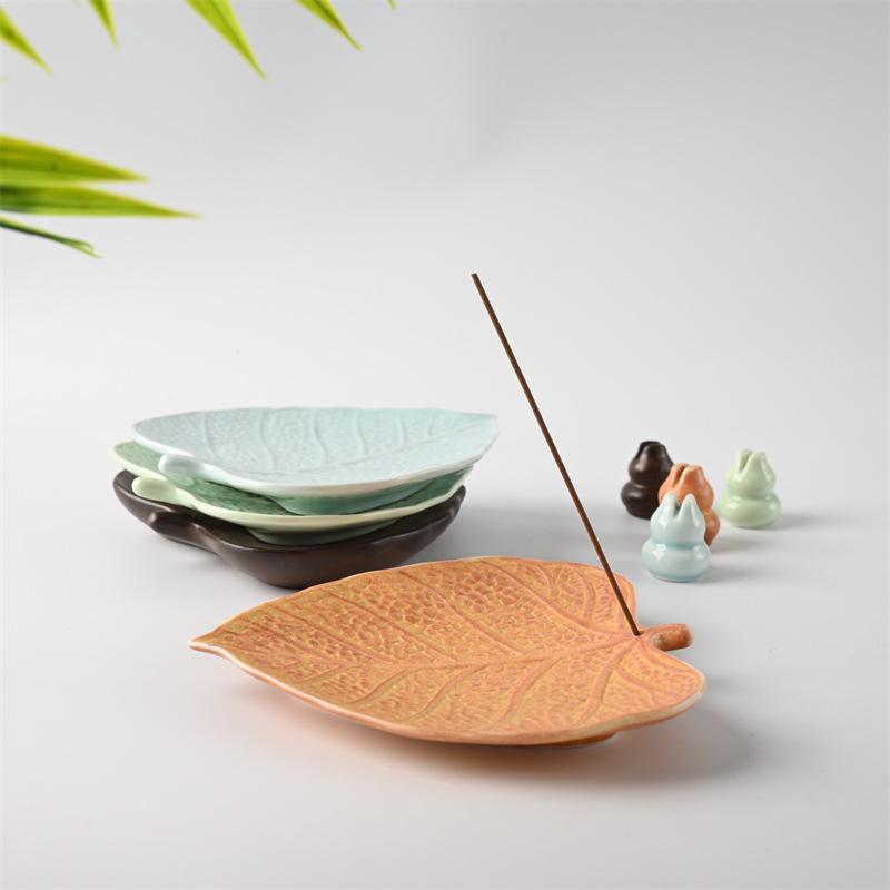 Exquisite Antique Ceramic Bodhi Leaf Incense Holder for Sandalwood & Agarwood Coils