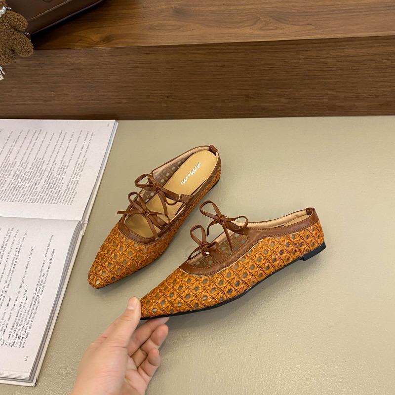 Large size woven bag head half slippers women's summer new bow hollow holiday cool slippers