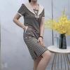 Fake Two Pieces Korean Striped Midi Dress Summer Fashion Sailor Collar Women's Clothing A-Line Short Sleeve Basic Casual Dresses