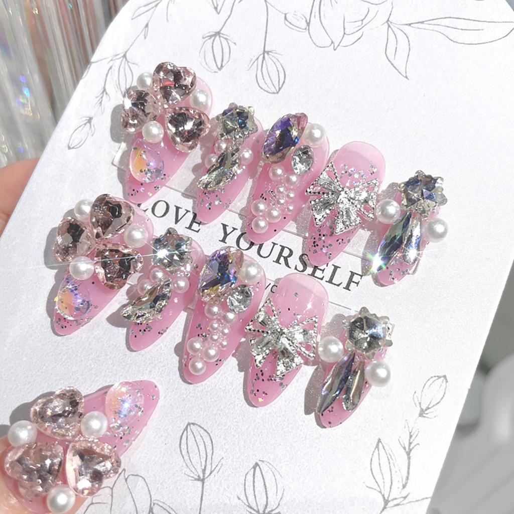 Pink Pointed Head False Nail with Rhinestone Chip-Proof Smudge-Proof Fake Nails for Daily and Parties Wearing