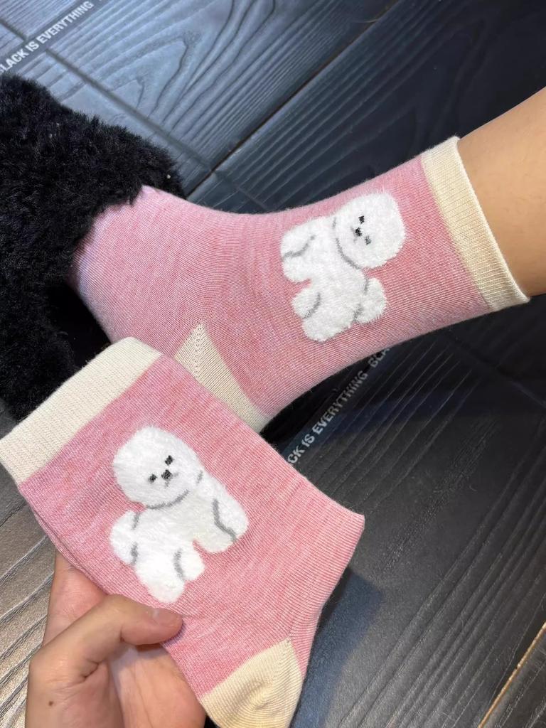 Autumn And Winter Brown Flocked Wool Medium Tube Socks Cute Color Matching Cartoon Dog Thickened Warm Stacking Socks Calf Socks