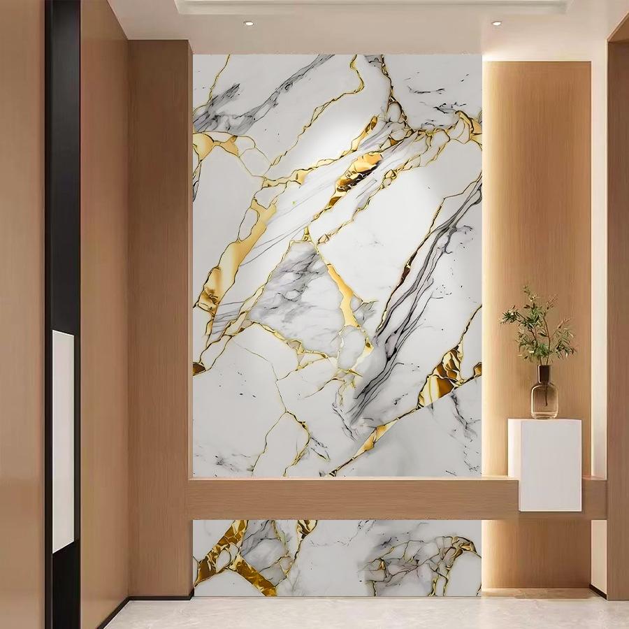 Self-Adhesive Gold Foil Marble Wallpaper Peel & Stick, Waterproof Oil-Proof Kitchen Backsplash Countertop Sticker, 5-Layer PET Wall Decal for Furnitur