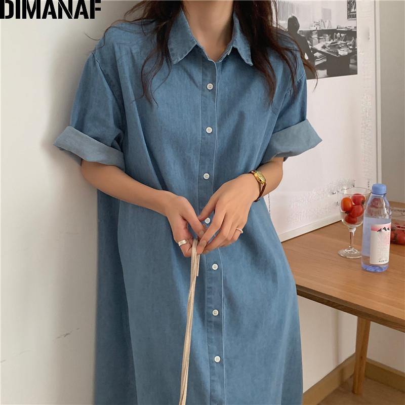 

DIMANAF летнее женское длинное платье, свободные хлопковые джинсовые джинсы, синее элегантное женское платье-рубашка, кардиган на пуговицах с карманами