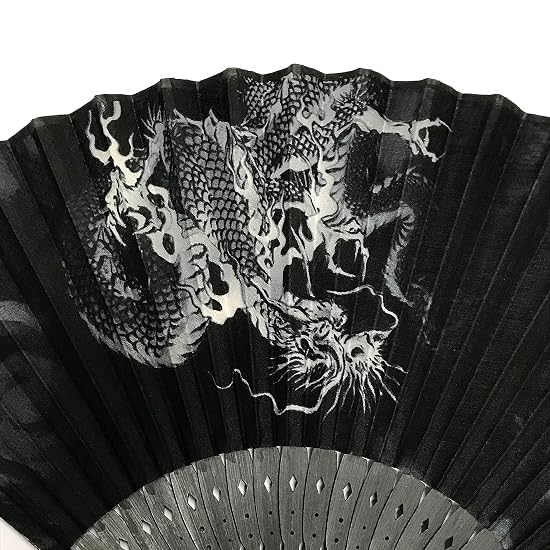 Dragon Folding Fan (Sensu) Men's 23cm Premium Cotton Fan Japanese Pattern Black Openwork Cloud Drago