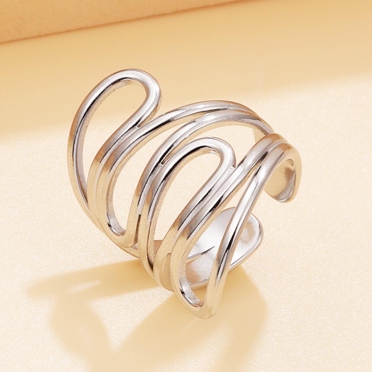 Versatile Hollow Geometric Lines 18K Gold Plated Stainless Steel Open Ring for Women