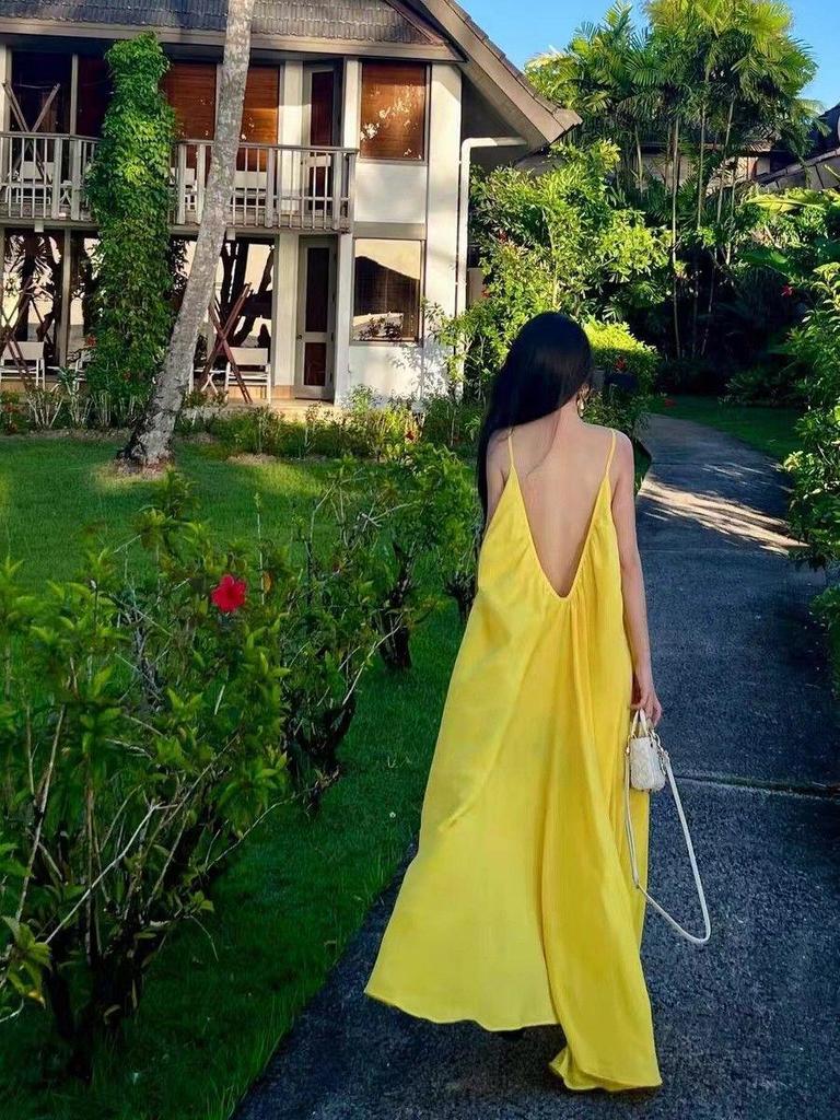 Elegant Yellow Backless Spaghetti Strap Summer Dress for Women