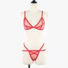 European & American Erotic Lingerie: Women's Sexy Three-Piece Mesh See-Through Lace-Up Bra & Panty Set.