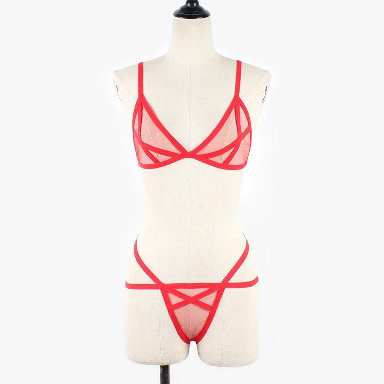 European & American Erotic Lingerie: Women's Sexy Three-Piece Mesh See-Through Lace-Up Bra & Panty Set.
