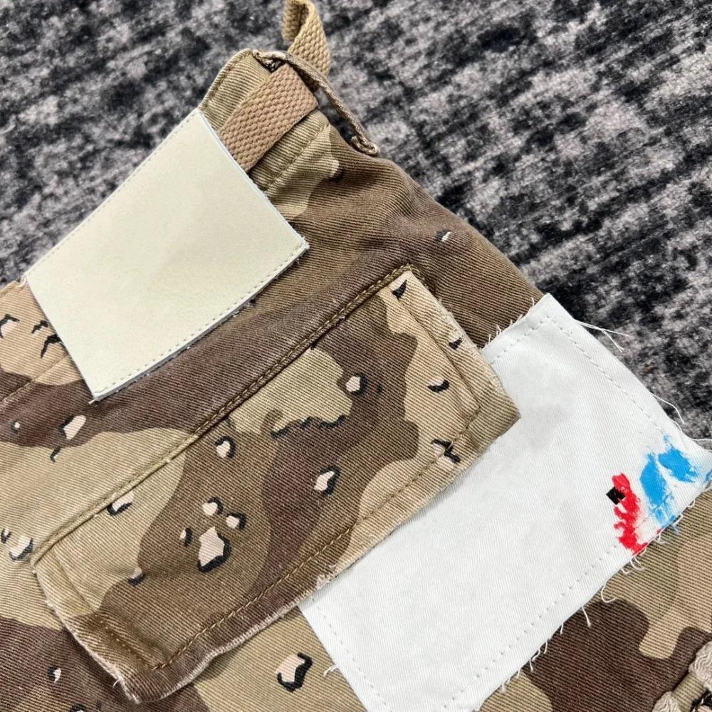 ZYLLO Summer Fashion Camouflage Splicing Leather Letter Washed Retro Knee Jeans Men Women Shorts