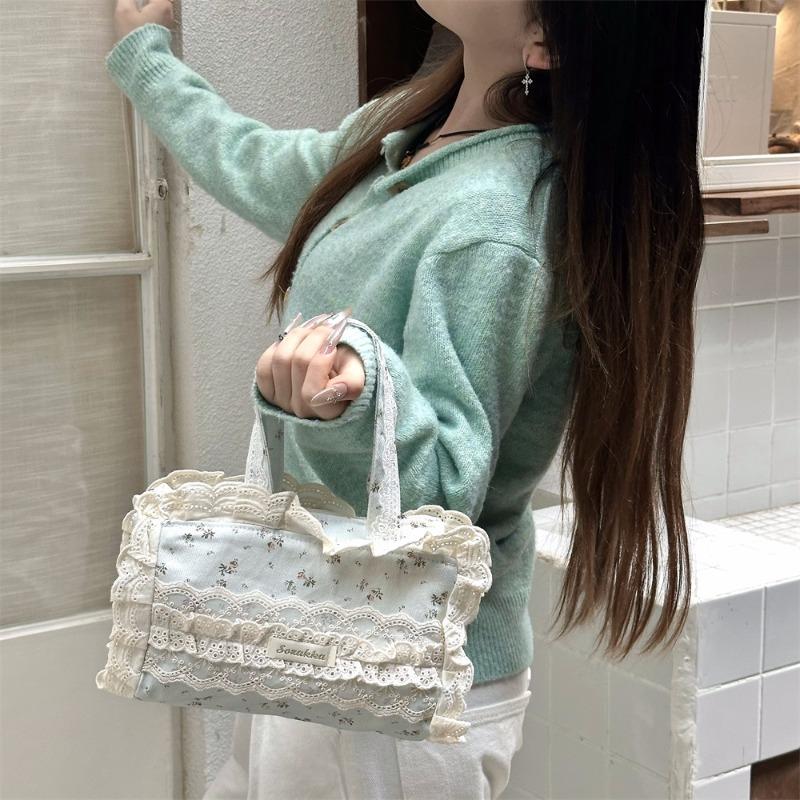 Lace broken flower canvas bag women's new fashion casual commuter tote bag lace edge handbag