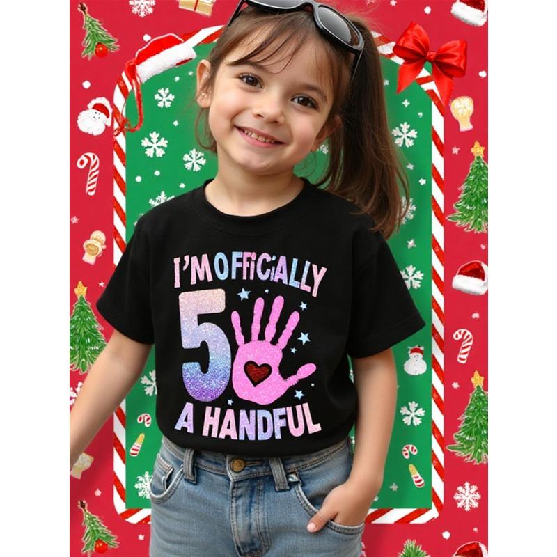 

European sizes Girls 5th Birthday Im Officially A Handful T-Shirt | Soft Round Neck Tee with Playful Handprint & Number 5 Design, 164cm чорний