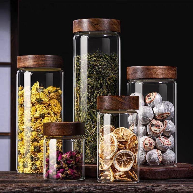 Transparente, versiegelte Glaskanister für die Küche, Lebensmittelaufbewahrungsflaschen mit Bambusdeckel, Gläser, Körner, Teeblätter, Kaffeebohnen, Bonbonglas