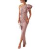 European and American women's cross-shoulder hollow-out ruffled sleeve solid color slit gown dress