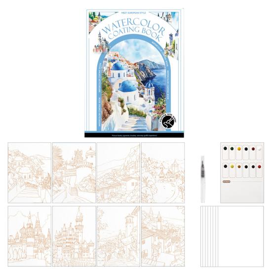 Portable Gouache Painting Book Tri-Fold Design Watercolor Pad Set with 12 Color Grids Ergonomic Brush Stress Relief Art Kit