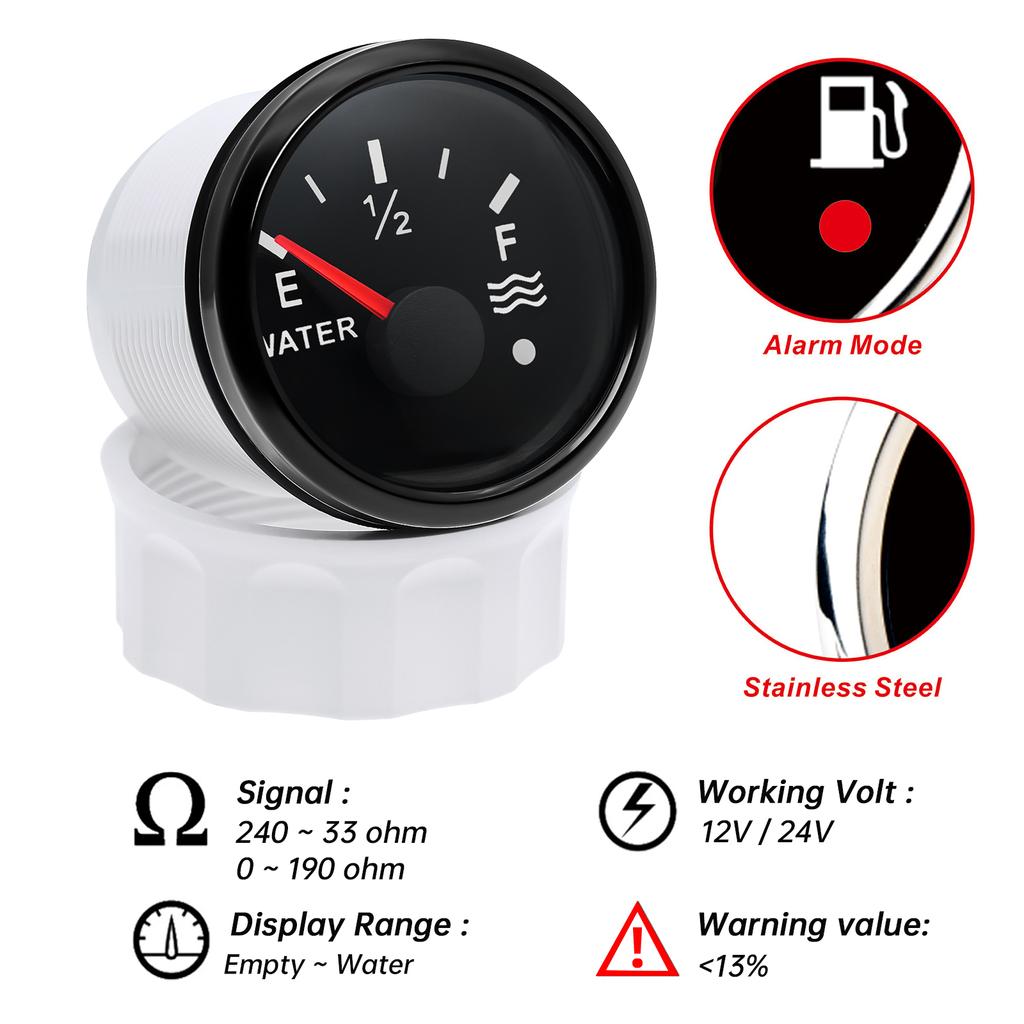 240-33 OHM Wasserstandsschwimmersensor + 52MM Wasserstandsanzeige mit Alarm Rote LED Wassertank-Messgerät Anzeige Auto Marine Boot 12V24V