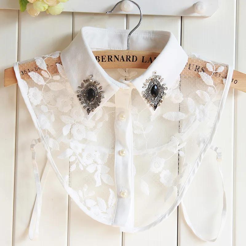 Linbaiway Embroidery Cotton Fake Collars for Women Removalbe False Collar Blouse Rhinestone Clothes Female Detachable Neckwear