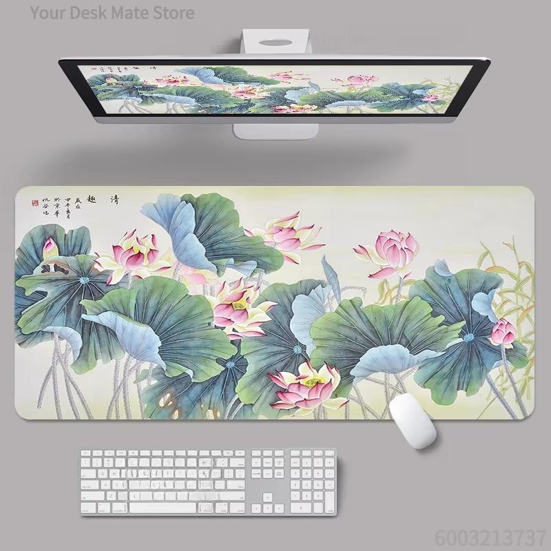 Chinese Ink Lotus Painting Desk Mat Waterproof Nonslip Office Mouse Pad