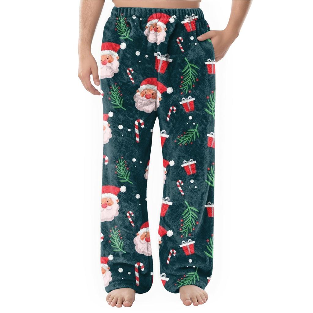 Men's Flannel Pocket Casual Pants, Printed Pocket Casual Pants, Home Sleeping Pants