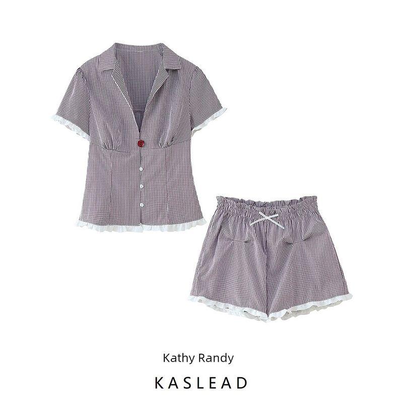 Kaslead New Arrival Women's Clothing Fashion Style Minimalist Retro Plaid Shirt Casual Shorts Suit