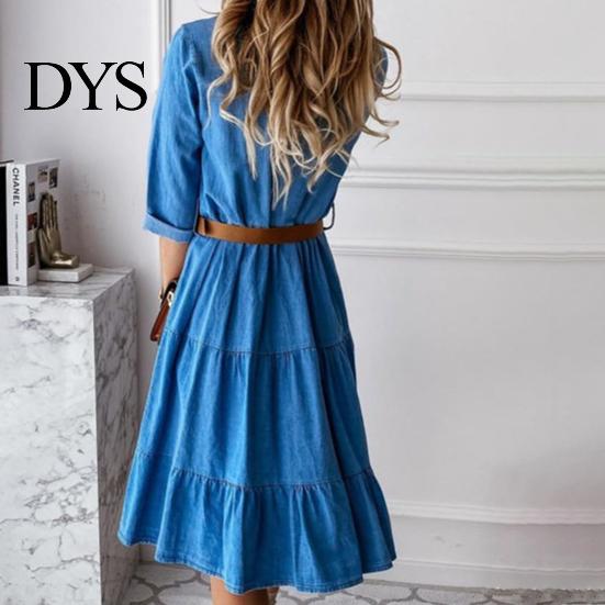 Vestito in Denim Manica a Tre Quarti Collo a Revers Estivo Bottoni Volant per Lavoro Monocolore