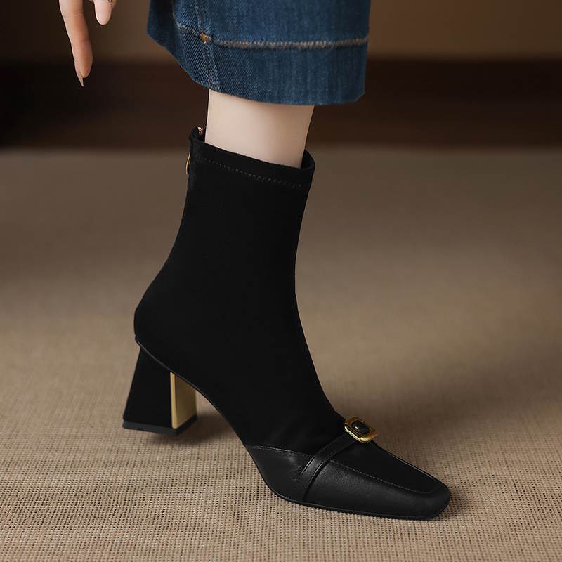 Krazing Pot Flock Cow Skin Square Toe Thick Heels Chelsea Boots Size 42 Beauty Lady Women Metal Buckle Ankle Boots