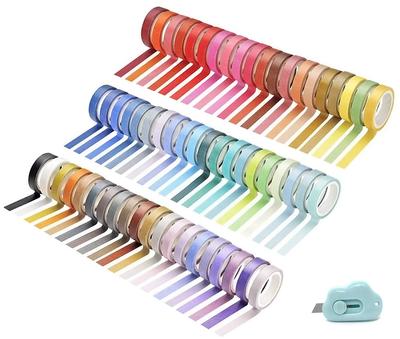 PBM Set of Plain Masking Wide X 4m with Mini Narrow Cute 60-Roll Tape, 7.5mm Rolls, Cutter, Width, Thin, Bulk, Wrapping, Decoration, Simple, Colorful,