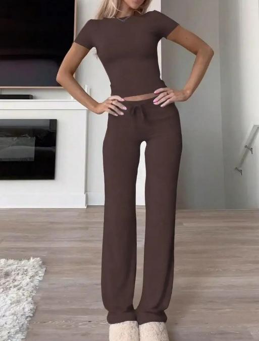 

Womens Short Sleeve Casual Set Top and High Waist Wide Leg Pants 5 Colors XL темно-коричневого кольору
