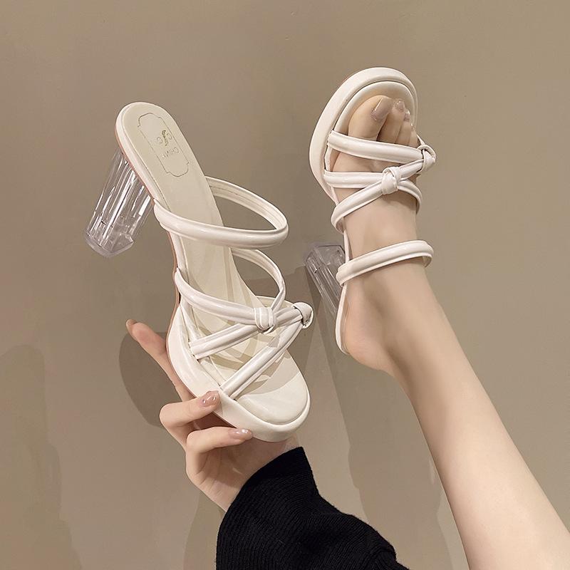 High heels women's new transparent one-word strap crystal heel slippers round head waterproof table outer slippers in summer 2025